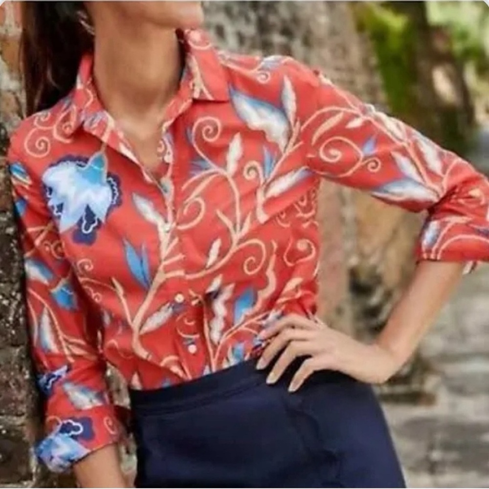 NWT J. McLaughlin Womens Lois Floral Button Down‎ Shirt Lilywood Size L Preppy